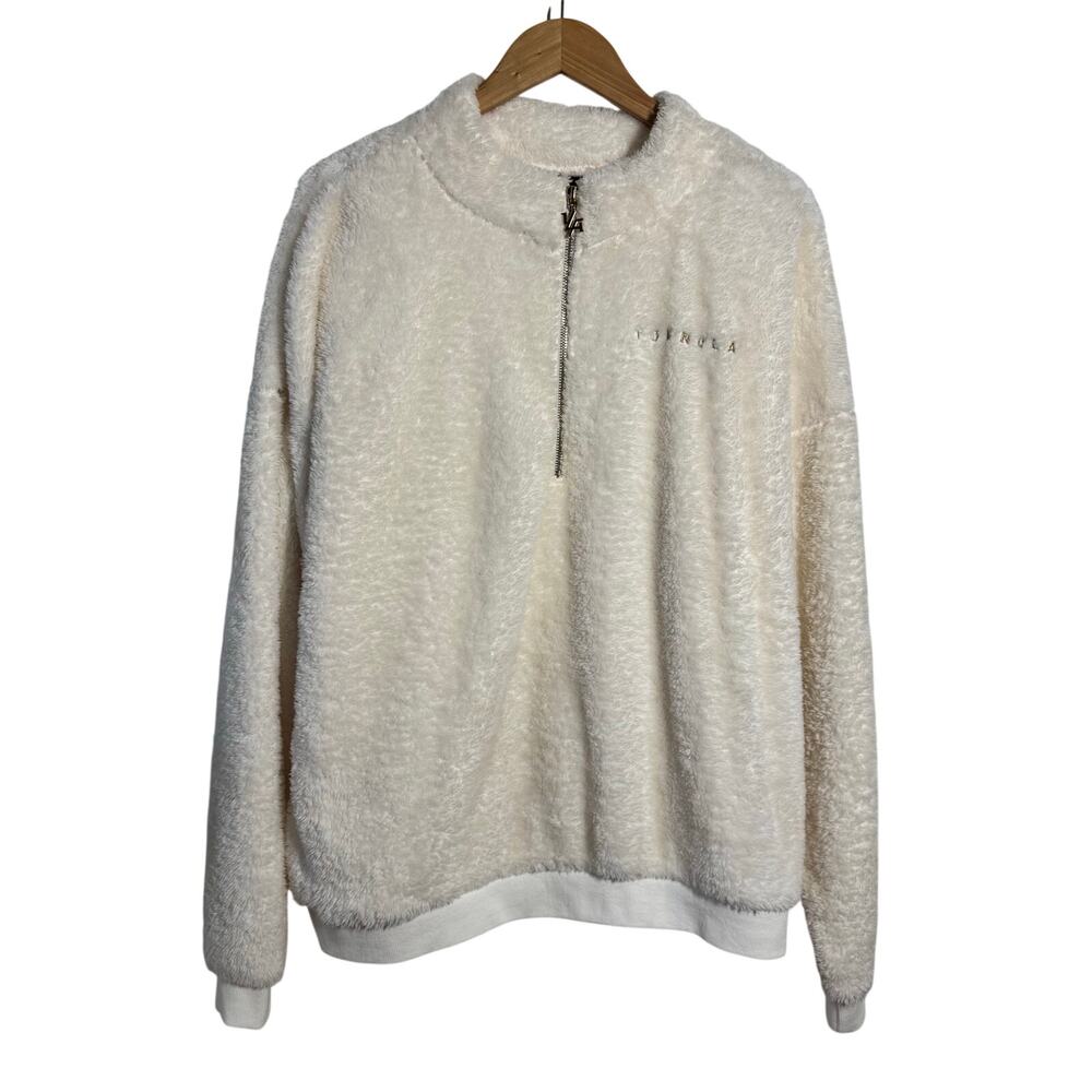 YoungLA Sweater Mens XLarge 505 Teddy Fleece 1/4 Zip Pullover Ivory Long Sleeve